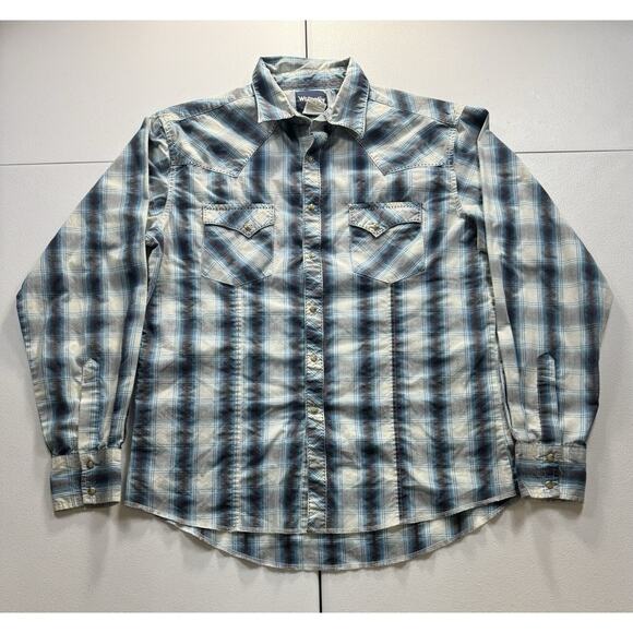 Wrangler Other - Vintage Wrangler Pearl Snap Shirt Men’s L Brushpopper Plaid Long Tails‎ Western